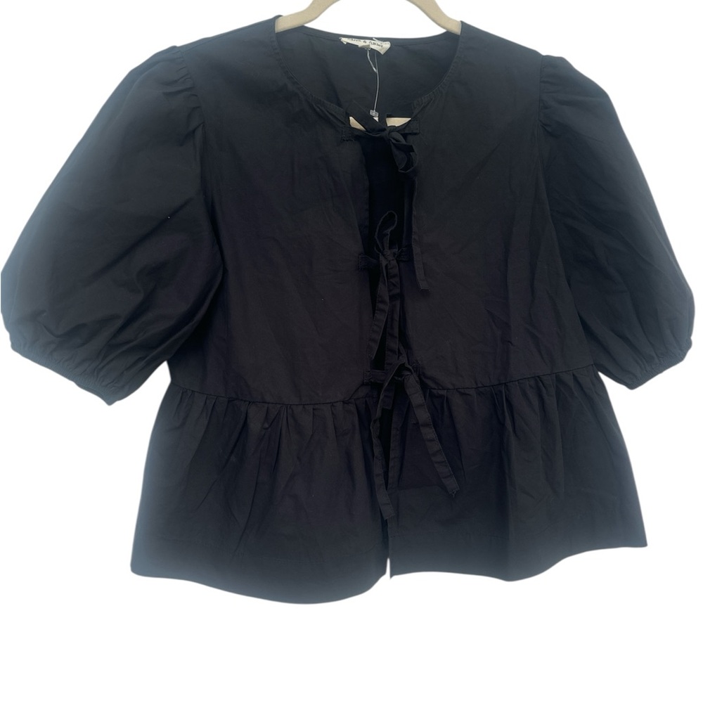 Black Puff Sleeve Tie Front Blouse